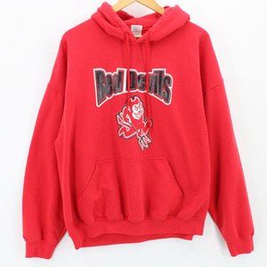 Vintage Gildan Hoodie Mens Red Pullover Red Devils Big Logo Front Cotton Size XL